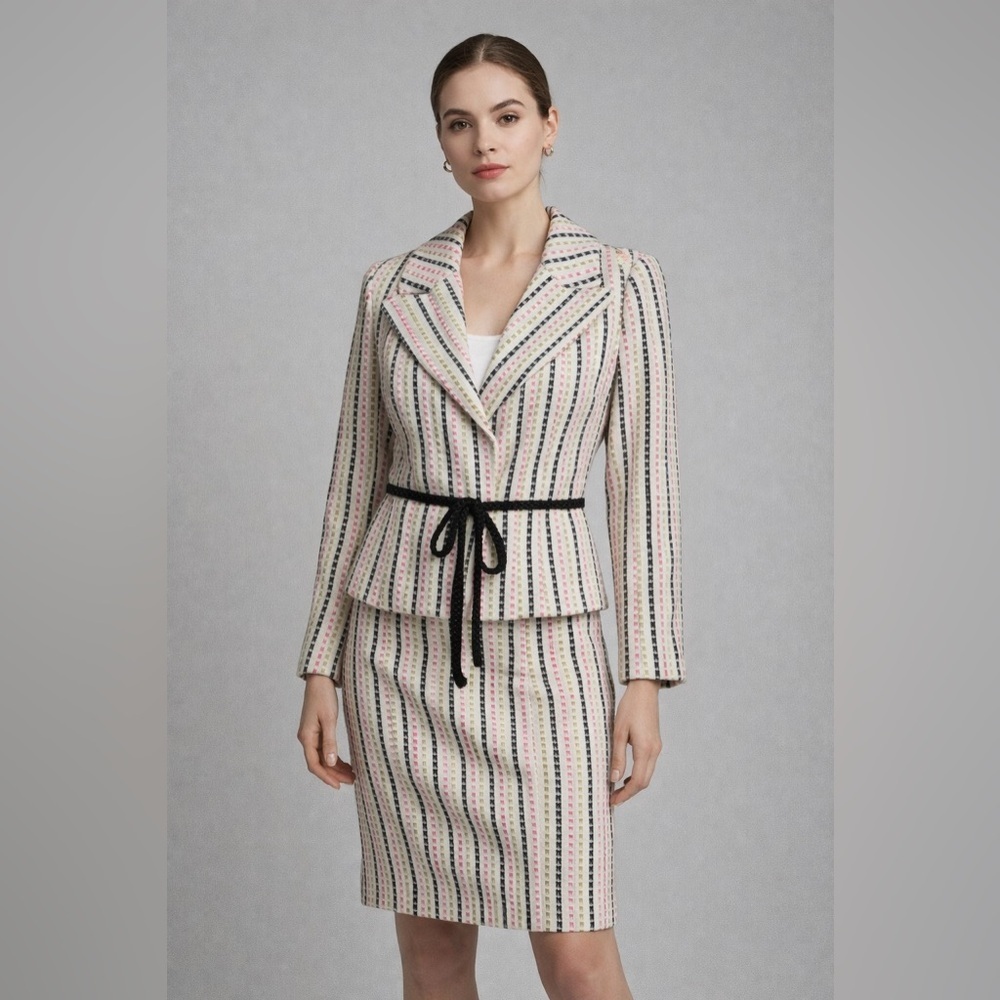Milly Lambswool Striped Skirt Suit Set Blazer & Pencil Skirt with split size 10